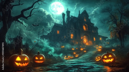 Halloween castle background with pumpkins