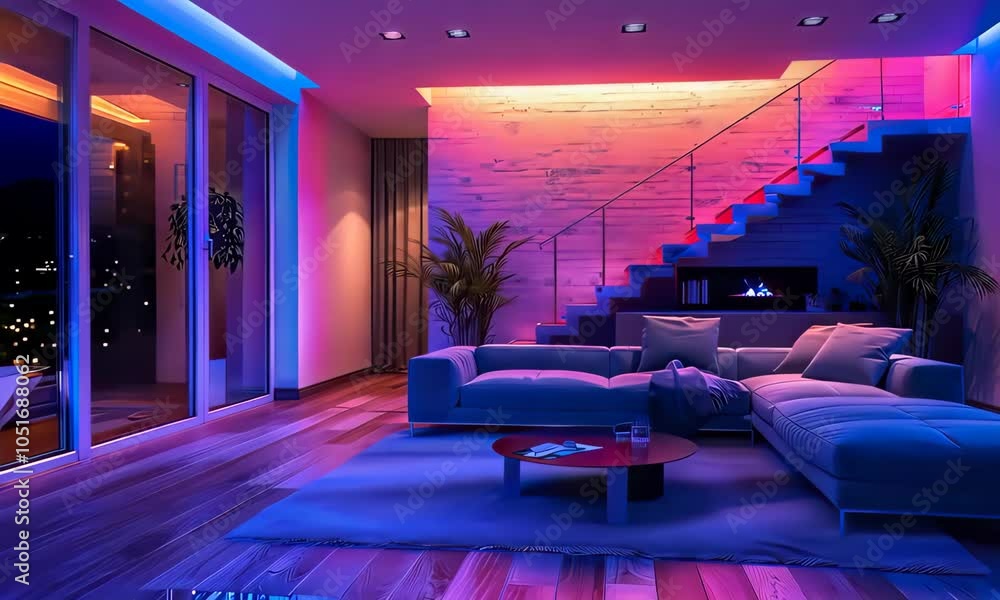 Modern living room with warm lighting and stylish decor Modern living room with warm lighting and stylish decor