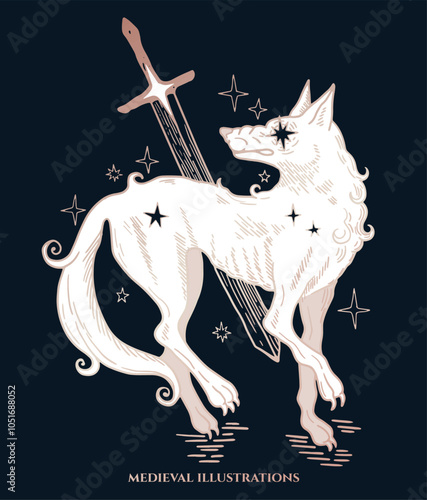medieval style fantasy illustration, cosmic wolf with sword, tattoo design	