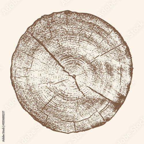 Natural cut wood. Tree texture, ring pattern of growth layers. Vector image.