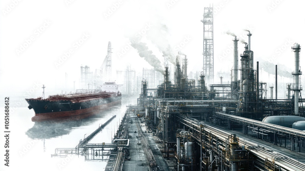 Fototapeta premium Industrial Shipyard and Refinery in Mist