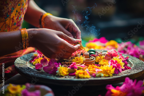 Hands Arranging Colorful Flowers in Traditional Ritual Dish 