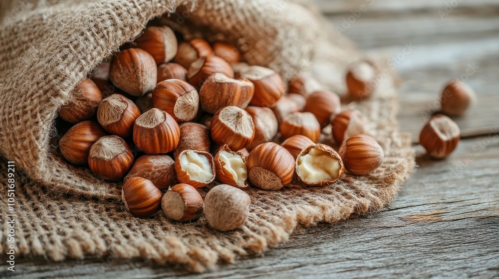 Close-up of a handful of freshly cracked hazelnuts scattered on a wooden table, with shells and a soft cloth nearby. Close-up of a handful of freshly cracked hazelnuts scattered on a wooden table, with shells and a soft cloth nearby.