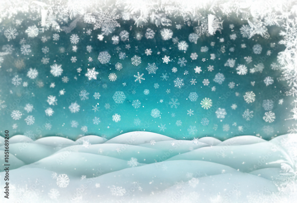 A blue sky with falling snowflakes over a snow-covered landscape. A blue sky with falling snowflakes over a snow-covered landscape.