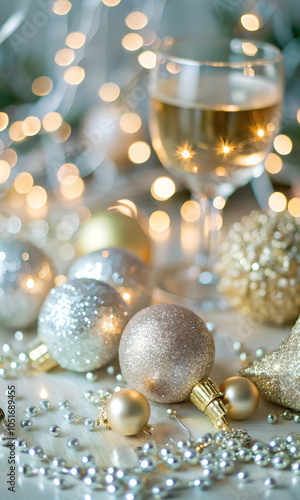 a festive holiday scene with a glistening wine glass, a few Christmas ornaments, and twinkling lights photo