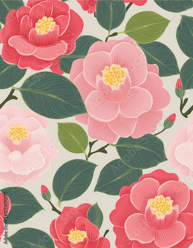 日本的な花、牡丹、ツバキのシームレスな和柄。着物のテキスタイル。大正時代の伝統的な絵。