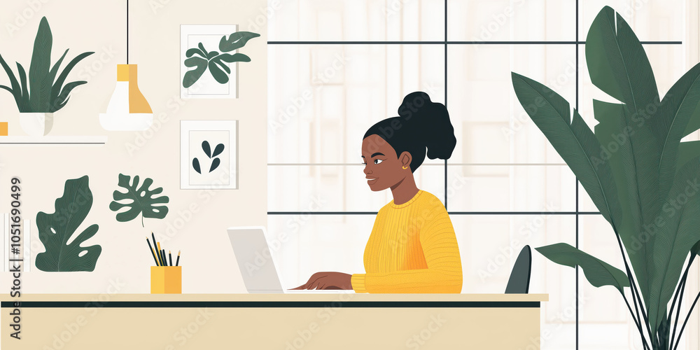 Woman working on laptop in modern home office with greenery and natural light Woman working on laptop in modern home office with greenery and natural light