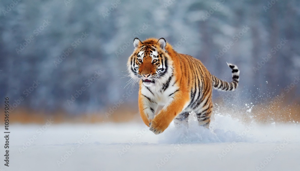Obraz premium Tiger in wild winter nature. Amur tiger running in the snow. Action wildlife scene with danger animal. Cold winter in tajga, Russia