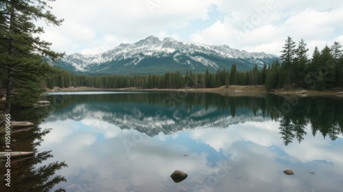 Scenic landscape with mountains reflected in a serene lake surrounded by trees.