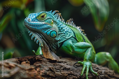 Wallpaper Mural Colorful green iguana perched on a branch in its tropical habitat, flaunting vibrant scales and exotic beauty Torontodigital.ca