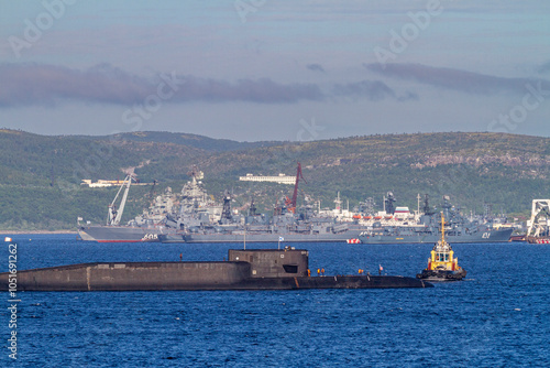 A view of a nuclear powered submarine in the industrial and militarized Russian seaport city of Murmansk, Murmansk Oblast, Russia, Arctic, Europe