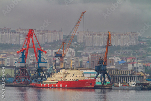 A view of the industrial and militarized Russian seaport city of Murmansk on the northern shore of the Kola Peninsula, Murmansk Oblast, Russia, Arctic, Europe photo