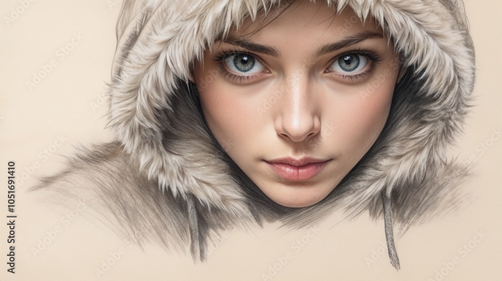 Close-up artistic portrait of a young woman wearing a hood with fur trim, showcasing her striking features