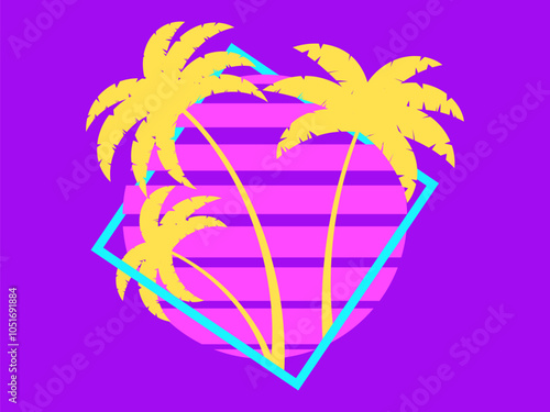 Palm trees at sunset retro sun in 80s style. Retro futuristic silhouettes of palm trees against the sun in a square frame. Synthwave style. Design for banners and posters. Vector illustration