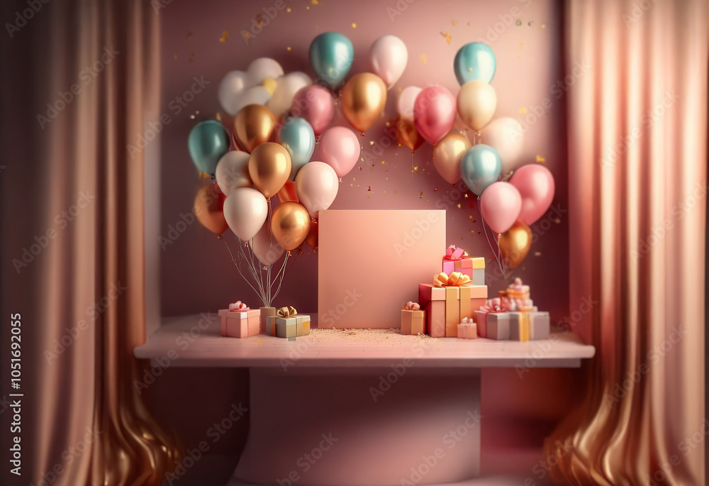 A pink background with a white platform draped with gold curtains. Above the platform, a cluster of colorful balloons floats in an arch. Below the balloons, an array of colorful gift boxes rests on th A pink background with a white platform draped with gold curtains. Above the platform, a cluster of colorful balloons floats in an arch. Below the balloons, an array of colorful gift boxes rests on th