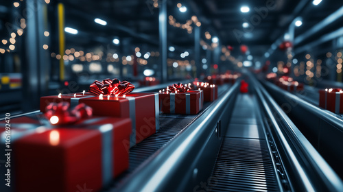 A large logistics center outfitted with Christmas lights, where conveyor belts carry stacks of holiday presents. The festive atmosphere contrasts with the sleek, rapid automation t photo