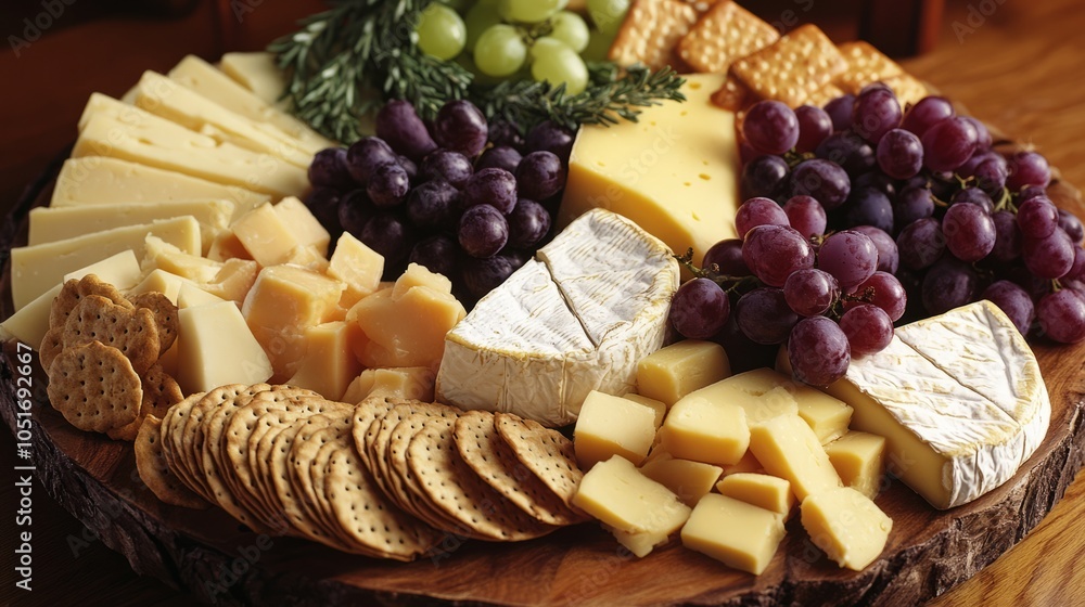 An elegant cheese platter with a variety of cheeses, crackers, and grapes An elegant cheese platter with a variety of cheeses, crackers, and grapes