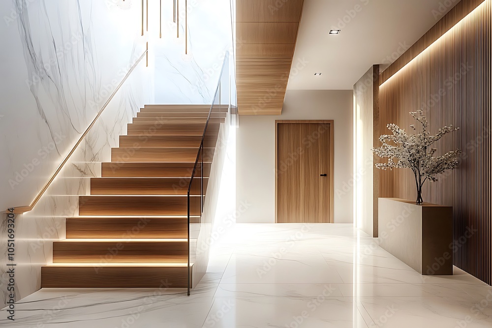 Wooden staircase and marble floor in minimalist interior design of ...