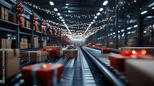 A large warehouse during the Christmas season, where gift packages are quickly sorted by automated systems. The holiday spirit is palpable, with decorations hanging over the bustli photo