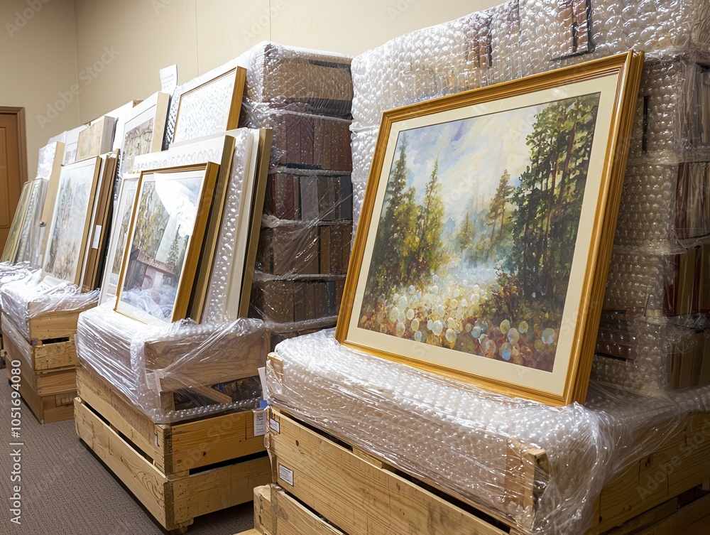 Framed paintings wrapped for protection, stacked on wooden crates, suggesting storage or preparation for shipping. Framed paintings wrapped for protection, stacked on wooden crates, suggesting storage or preparation for shipping.