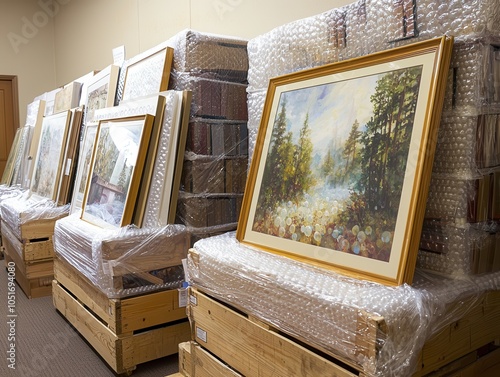 Framed paintings wrapped for protection, stacked on wooden crates, suggesting storage or preparation for shipping.
