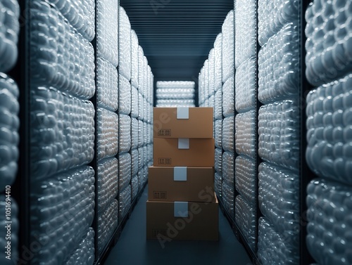 1. A narrow aisle lined with shelves filled with white cylindrical items, with three cardboard boxes placed prominently in the foreground. photo