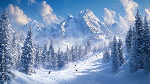 Skiers descend a snowy mountain slope with a majestic snow-capped peak in the background.