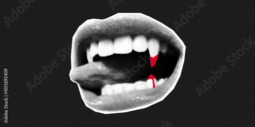 Open mouth with vampire fangs and drops of blood. Creepy Halloween, retro collage banner, lips cut out from magazine on dark textured background, tongue sticking out.