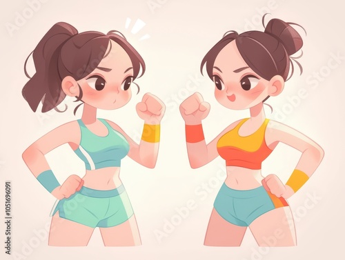 Two cartoon women in sporty outfits facing each other, one with a determined expression and the other with a happy expression.