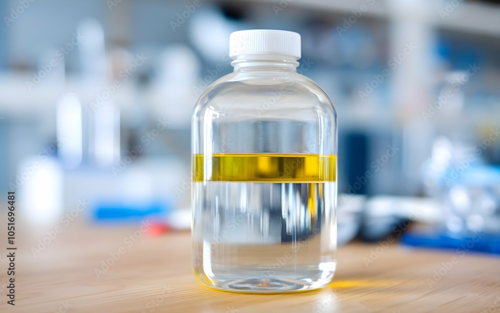 oil and water layer separation in glass bottle. Soluble and dissolve concept oil and water layer separation in glass bottle. Soluble and dissolve concept