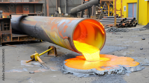 Liquid hot metal flows out of a pipe
 photo