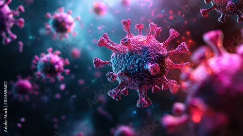 Colorful 3D rendering of Hepatitis B virus particles, highlighting their unique structure against a dark background. photo