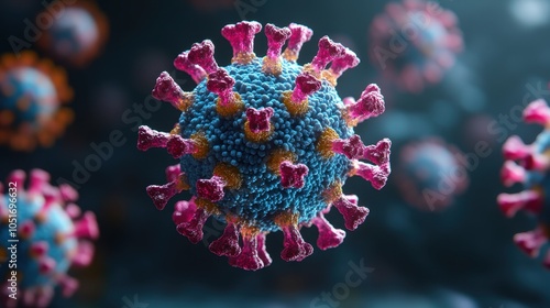 Colorful 3D rendering of Hepatitis B virus particles, highlighting their unique structure against a dark background. photo