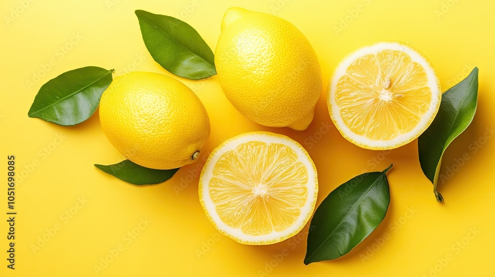 Bright Yellow Lemons with Fresh Green Leaves Bright Yellow Lemons with Fresh Green Leaves