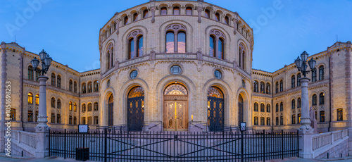 View of Norwegian Parliament at dusk, Oslo, Norway, Scandinavia, Europe photo