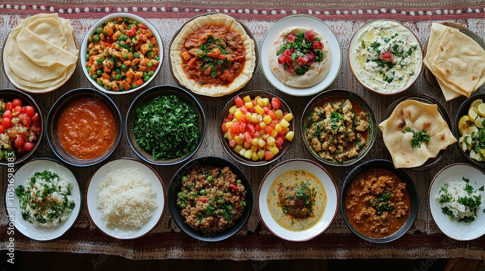 Colorful spread of halal dishes arranged on a traditional tablecloth. Colorful spread of halal dishes arranged on a traditional tablecloth.