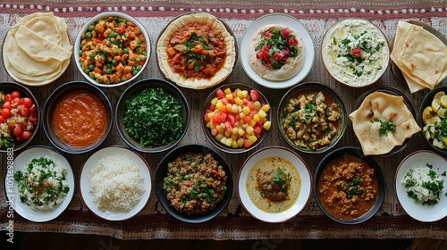 Colorful spread of halal dishes arranged on a traditional tablecloth.