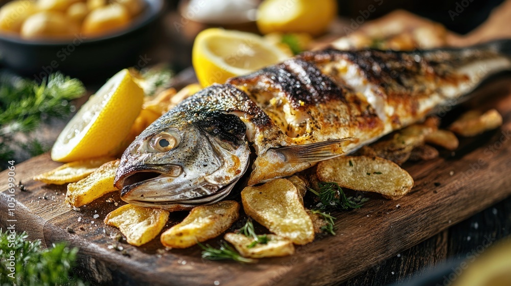 Fish on cutting board with potatoes and lemon Fish on cutting board with potatoes and lemon