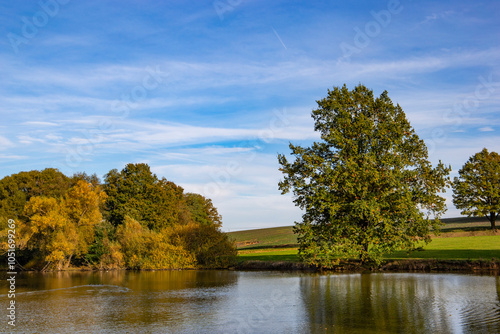 Obraz na płótnie An autumn landscape with a lake and trees in the countryside of Central Europe. w salonie
