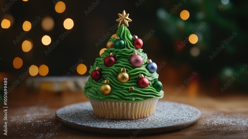 Christmas tree-shaped cupcake with green frosting and colorful edible ornaments, capturing the festive spirit on a holiday table Christmas tree-shaped cupcake with green frosting and colorful edible ornaments, capturing the festive spirit on a holiday table