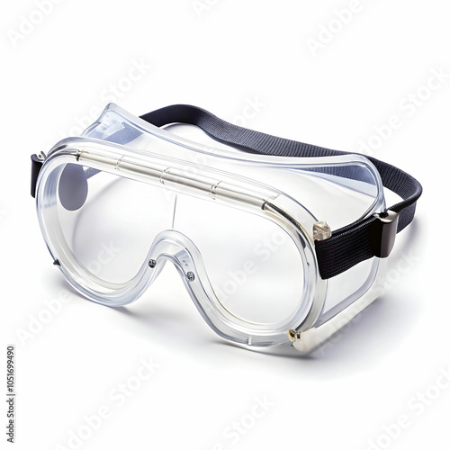 A pair of transparent safety goggles designed for protection