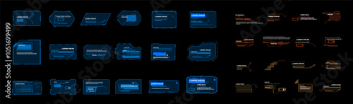 Blocks and frames. Big vector set with frames and pointers. Modern technological frames and windows for the HUD user interface. Text windows with information and data. Vector templates with frames