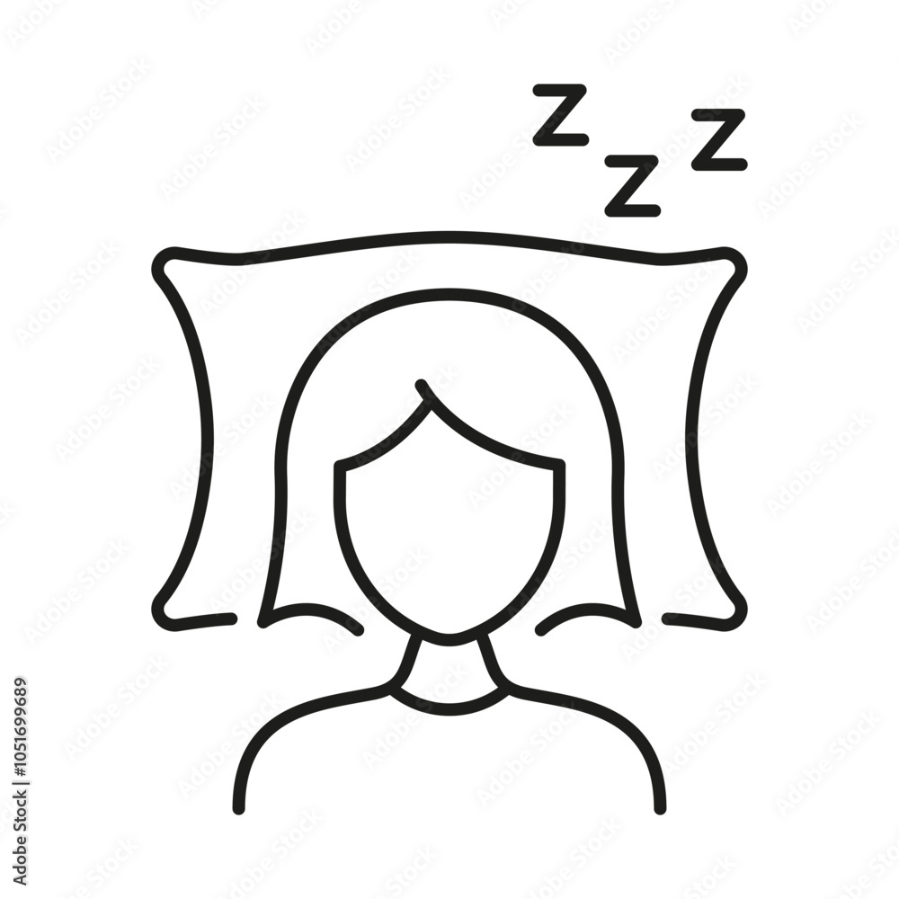 Woman Sleeping On Pillow With ZZZ Line Icon. Relaxed Sleeping Female Outline Symbol. Restful Sleep. Editable Stroke. Isolated Vector Illustration Woman Sleeping On Pillow With ZZZ Line Icon. Relaxed Sleeping Female Outline Symbol. Restful Sleep. Editable Stroke. Isolated Vector Illustration