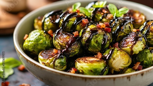 Crispy Brussels sprouts with smoky bacon bits, balsamic glaze drizzled on top, presented in a bowl with rustic styling and a light background 6d photo