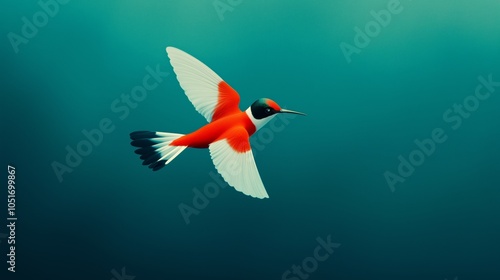 A red and white hummingbird with a black head flying in the sky, a bird's-eye view, turquoise background. photo