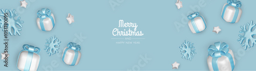 Happy New Year and Merry Christmas. Christmas holiday background with realistic 3d objects, Gift boxes, Christmas balls, snowflakes, conical metal stars.