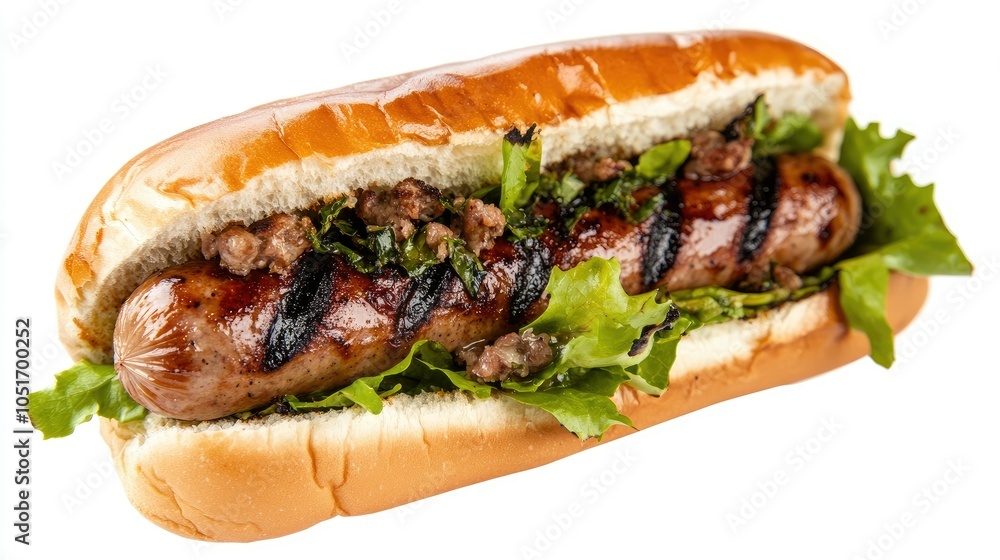 Juicy Hotdog with Fresh Greens and Grilled Texture Juicy Hotdog with Fresh Greens and Grilled Texture