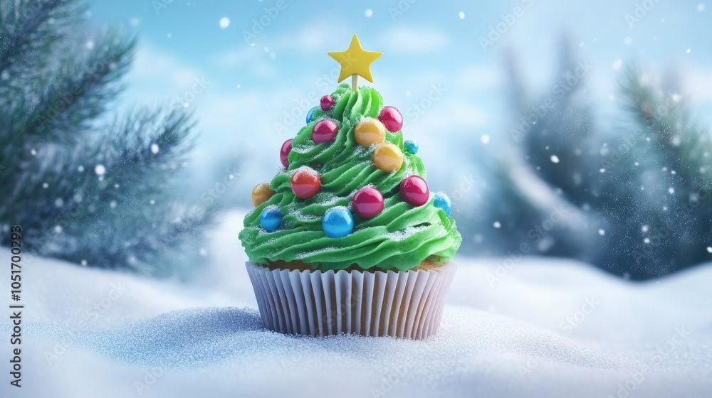 Festive cupcake decorated with green icing like a Christmas tree, colorful candy ornaments, and a star topper, on a winter background Festive cupcake decorated with green icing like a Christmas tree, colorful candy ornaments, and a star topper, on a winter background
