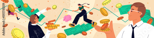 Concept of finance business. Businessmen investors earn, take profit from investment on dollar market. Financial literacy, economy, wealth. Rich people with cash money, coins. Flat vector illustration