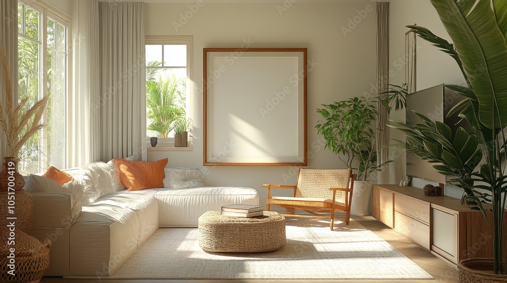 Fototapeta premium Contemporary living room with an empty frame on the shelf